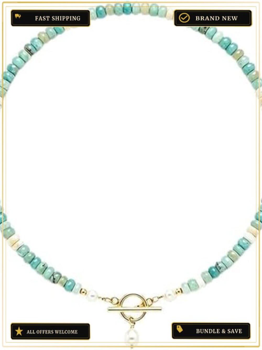 Handmade Beaded Necklace Turquoise Genuine Pearl Choker Bohemian Gift